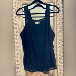 LOFT Outlet V-Neck Black Sheer but Lined Polka Dot Tank Top, Large